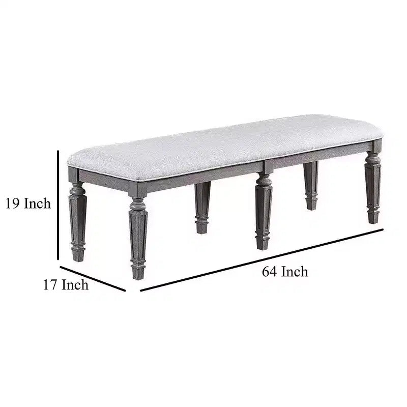 Dining Bench with Turned Legs, 64 Inch Gray Wood and Fabric