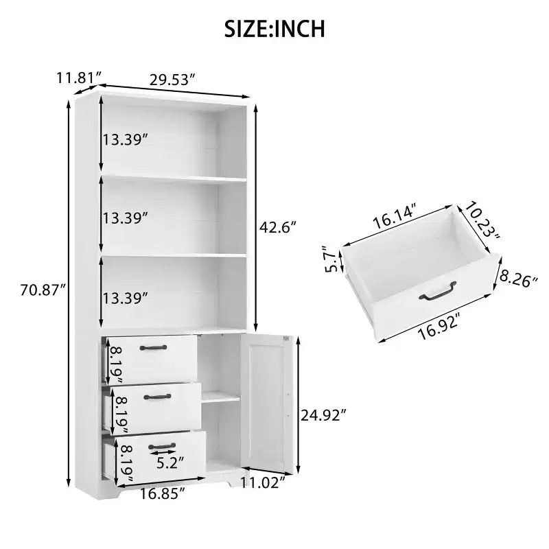 71" Tall Bookshelf with Door, 3 Drawers & Open Shelves, 6-Tier Wooden Storage Cabinet for Home Office, Living Room, Bedroom