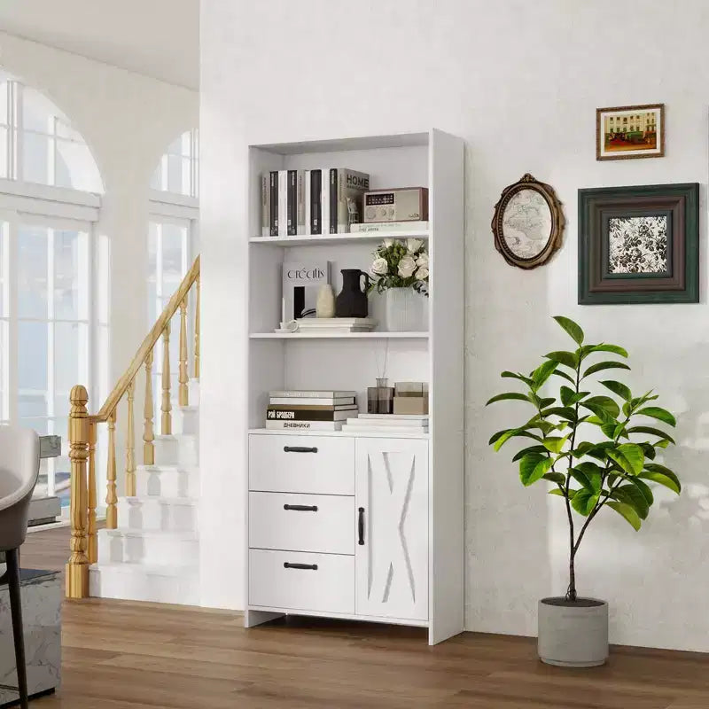 71" Tall Bookshelf with Door, 3 Drawers & Open Shelves, 6-Tier Wooden Storage Cabinet for Home Office, Living Room, Bedroom
