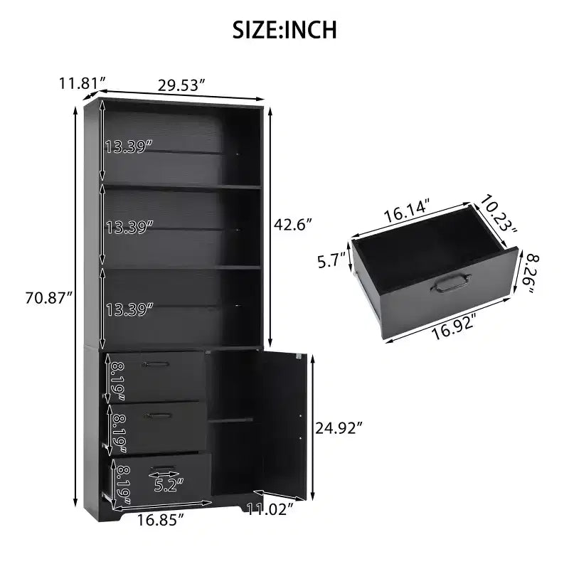 71" Tall Bookshelf with Door, 3 Drawers & Open Shelves, 6-Tier Wooden Storage Cabinet for Home Office, Living Room, Bedroom