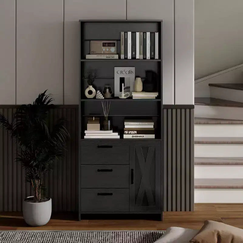 71" Tall Bookshelf with Door, 3 Drawers & Open Shelves, 6-Tier Wooden Storage Cabinet for Home Office, Living Room, Bedroom