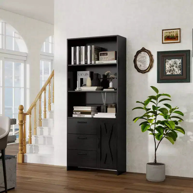 71" Tall Bookshelf with Door, 3 Drawers & Open Shelves, 6-Tier Wooden Storage Cabinet for Home Office, Living Room, Bedroom