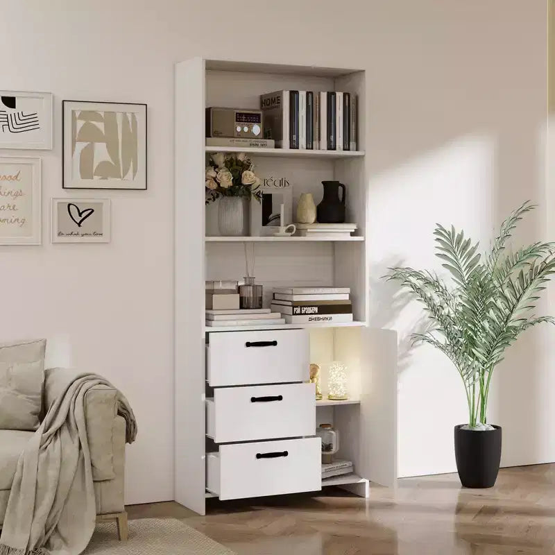 71" Tall Bookshelf with Door, 3 Drawers & Open Shelves, 6-Tier Wooden Storage Cabinet for Home Office, Living Room, Bedroom