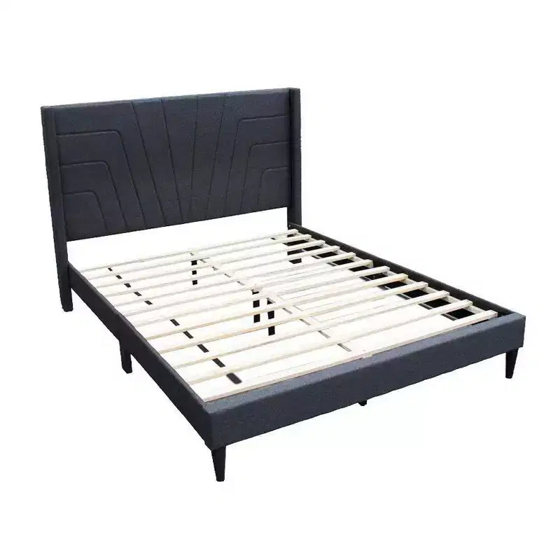 Queen Size Bed with Tufted Headboard, Charcoal Burlap Upholstery, Wood
