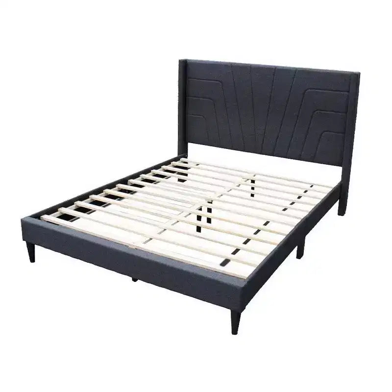 Queen Size Bed with Tufted Headboard, Charcoal Burlap Upholstery, Wood