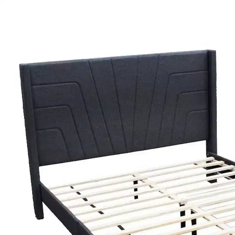 Queen Size Bed with Tufted Headboard, Charcoal Burlap Upholstery, Wood