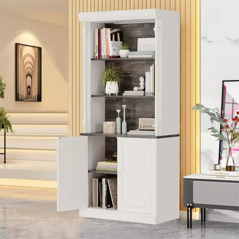5-Tier Adjustable Bookcase,Roman Column Bookshelf with Led Light,Open Shelves&Storage Cabinet Design,Wood Grain Display Bookcase for Home Office
