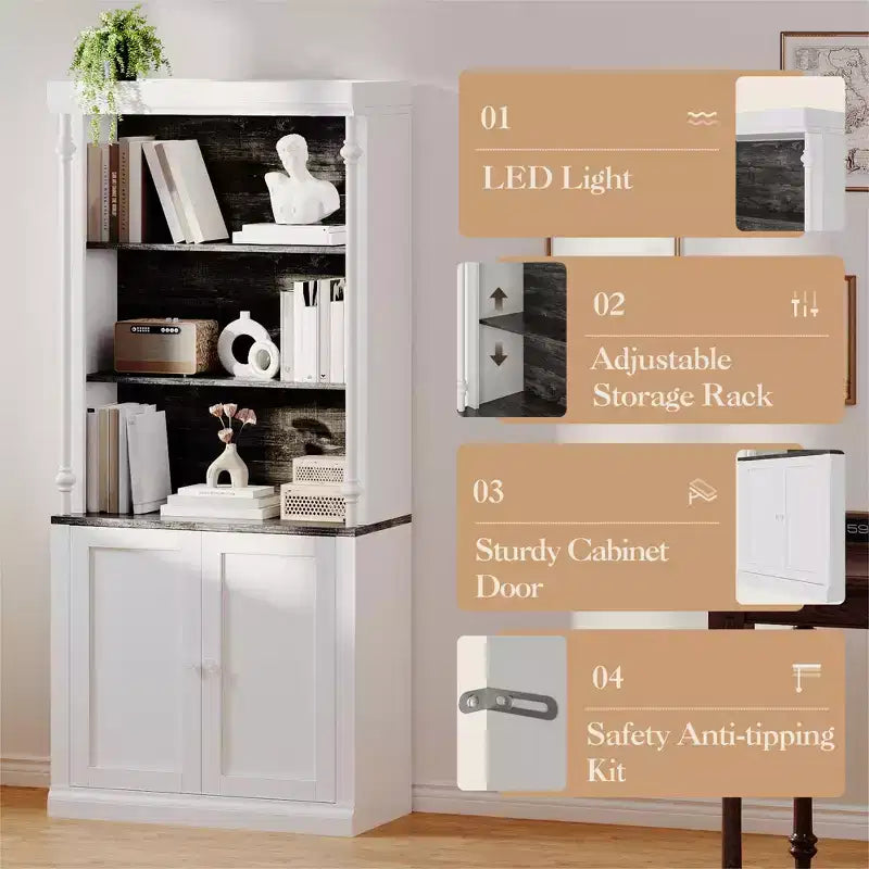 5-Tier Adjustable Bookcase,Roman Column Bookshelf with Led Light,Open Shelves&Storage Cabinet Design,Wood Grain Display Bookcase for Home Office
