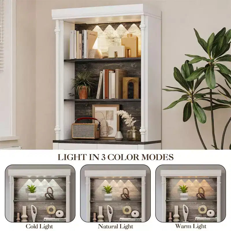 5-Tier Adjustable Bookcase,Roman Column Bookshelf with Led Light,Open Shelves&Storage Cabinet Design,Wood Grain Display Bookcase for Home Office