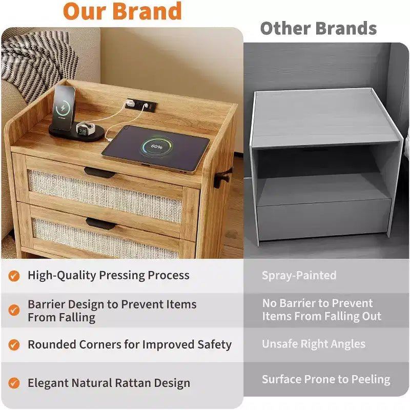 Rattan Nightstand, Boho Night Stand with 2 Drawer Storage Space, End Table, Sofa Side Table for Bedroom, Office, Living Room