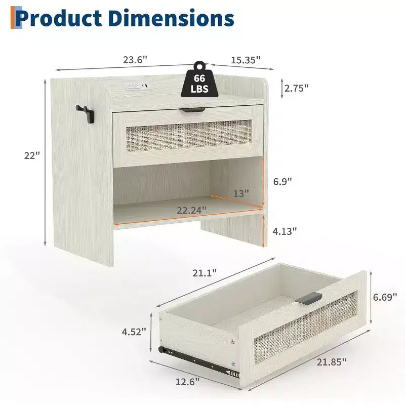 Rattan Nightstand, Boho Night Stand with 2 Drawer Storage Space, End Table, Sofa Side Table for Bedroom, Office, Living Room
