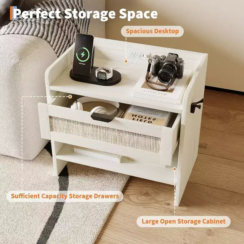 Rattan Nightstand, Boho Night Stand with 2 Drawer Storage Space, End Table, Sofa Side Table for Bedroom, Office, Living Room