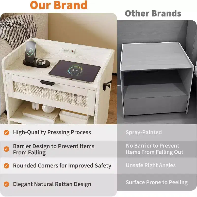 Rattan Nightstand, Boho Night Stand with 2 Drawer Storage Space, End Table, Sofa Side Table for Bedroom, Office, Living Room