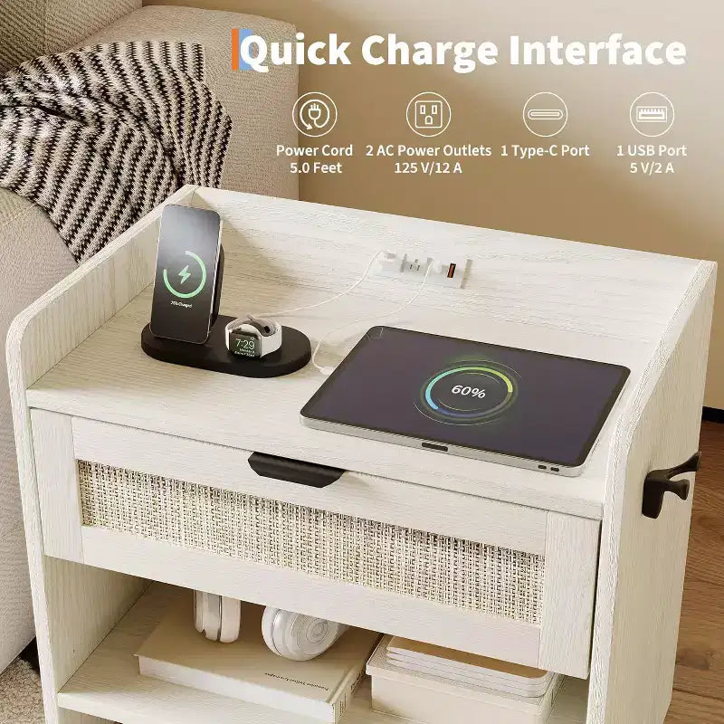 Rattan Nightstand, Boho Night Stand with 2 Drawer Storage Space, End Table, Sofa Side Table for Bedroom, Office, Living Room