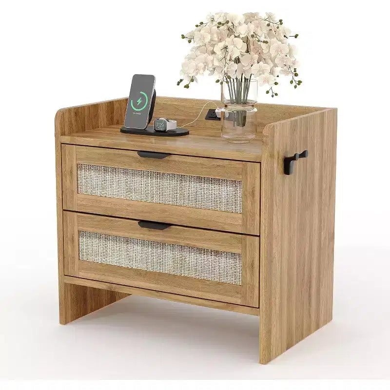 Rattan Nightstand, Boho Night Stand with 2 Drawer Storage Space, End Table, Sofa Side Table for Bedroom, Office, Living Room