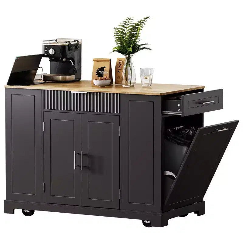 Kitchen Island with Trash Can Storage Cabinet, Power Outlet, Storage Rack, 3 Drawers & 3 Open Side Racks for 10 Gallon Garbage Bin, Black