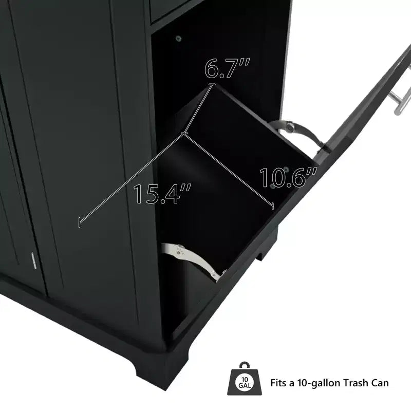 Kitchen Island with Trash Can Storage Cabinet, Power Outlet, Storage Rack, 3 Drawers & 3 Open Side Racks for 10 Gallon Garbage Bin, Black
