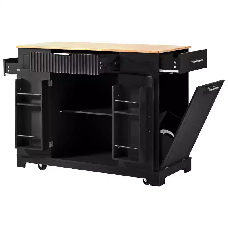 Kitchen Island with Trash Can Storage Cabinet, Power Outlet, Storage Rack, 3 Drawers & 3 Open Side Racks for 10 Gallon Garbage Bin, Black
