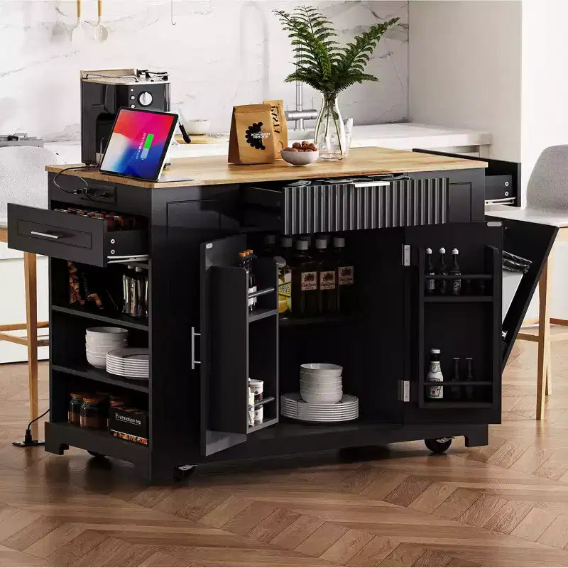 Kitchen Island with Trash Can Storage Cabinet, Power Outlet, Storage Rack, 3 Drawers & 3 Open Side Racks for 10 Gallon Garbage Bin, Black