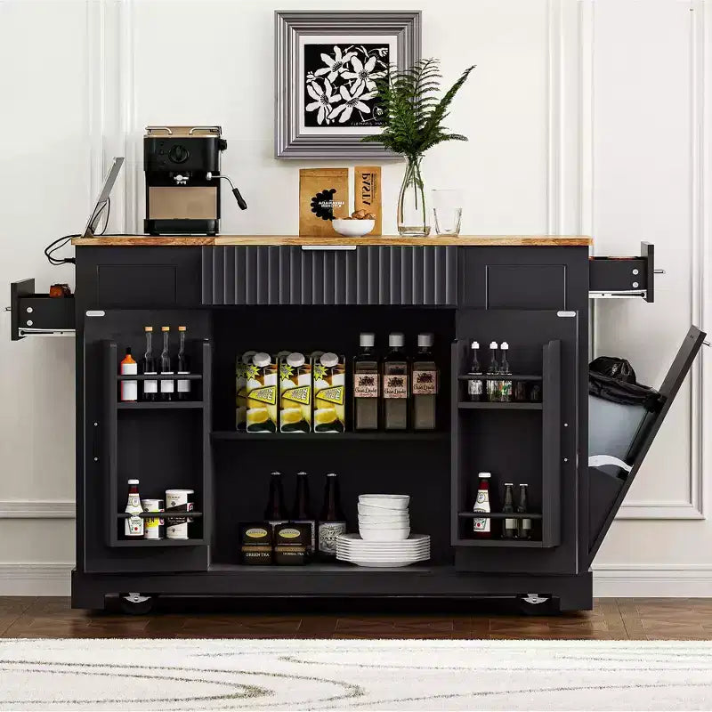 Kitchen Island with Trash Can Storage Cabinet, Power Outlet, Storage Rack, 3 Drawers & 3 Open Side Racks for 10 Gallon Garbage Bin, Black