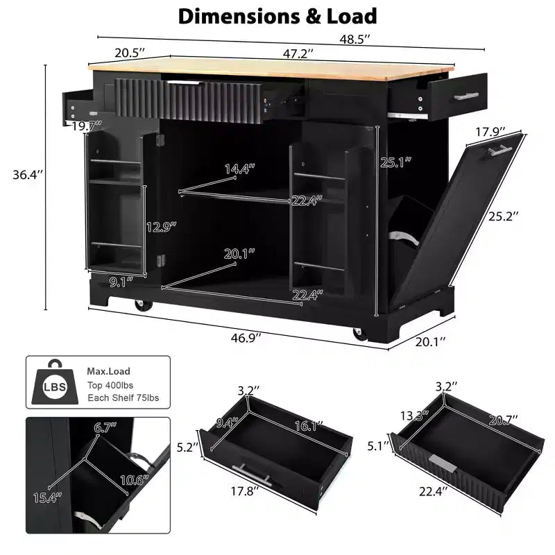 Kitchen Island with Trash Can Storage Cabinet, Power Outlet, Storage Rack, 3 Drawers & 3 Open Side Racks for 10 Gallon Garbage Bin, Black