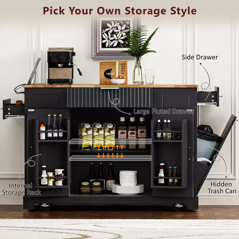 Kitchen Island with Trash Can Storage Cabinet, Power Outlet, Storage Rack, 3 Drawers & 3 Open Side Racks for 10 Gallon Garbage Bin, Black