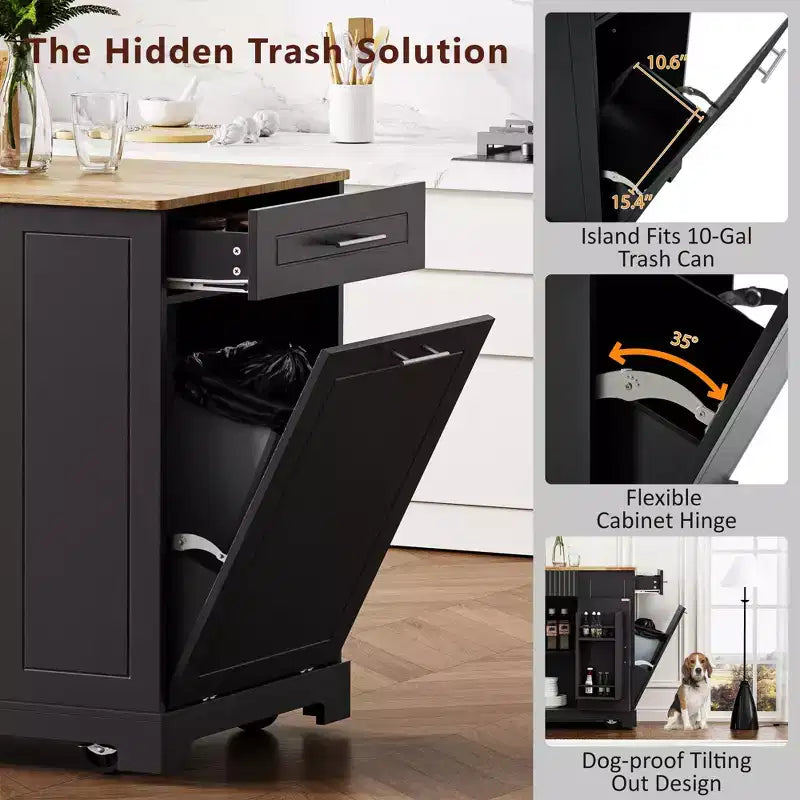 Kitchen Island with Trash Can Storage Cabinet, Power Outlet, Storage Rack, 3 Drawers & 3 Open Side Racks for 10 Gallon Garbage Bin, Black