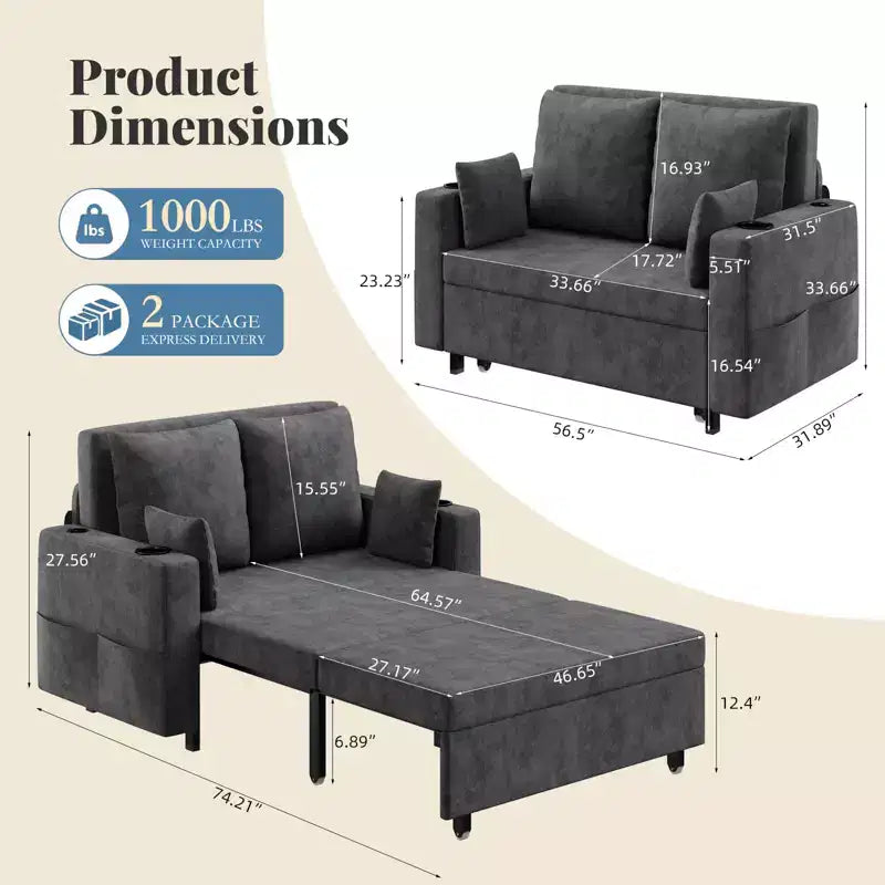 3-in-1 Pull-Out Couch, 56" Loveseat Sleeper Sofa Bed, Full Size Pull Out Sofa with Cup Holders, for Living Room, Bedroom, Apartment