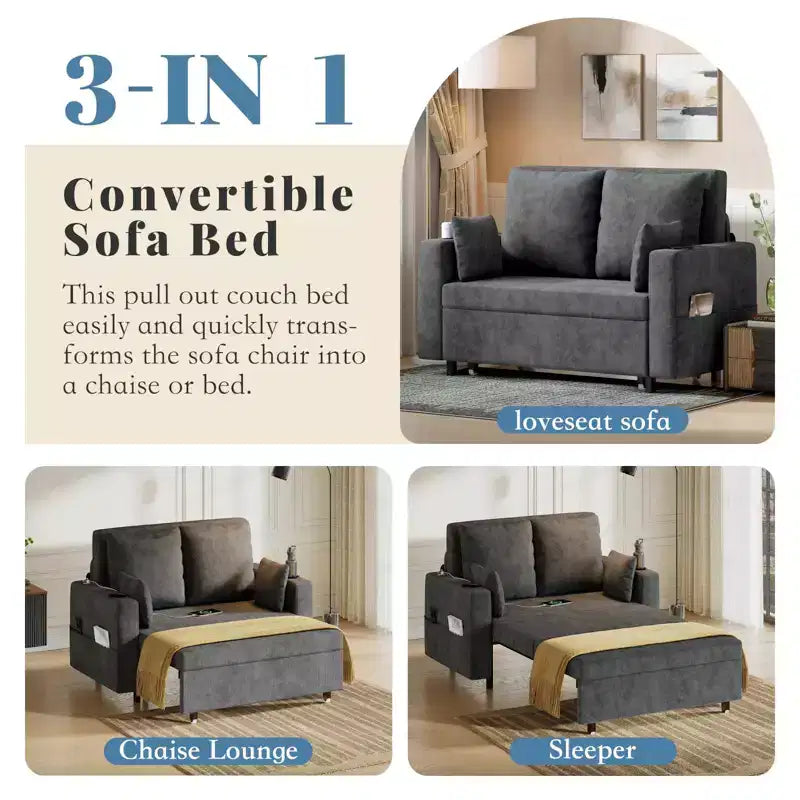 3-in-1 Pull-Out Couch, 56" Loveseat Sleeper Sofa Bed, Full Size Pull Out Sofa with Cup Holders, for Living Room, Bedroom, Apartment