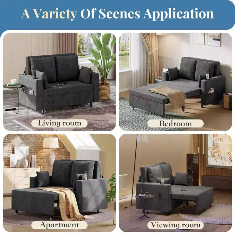 3-in-1 Pull-Out Couch, 56" Loveseat Sleeper Sofa Bed, Full Size Pull Out Sofa with Cup Holders, for Living Room, Bedroom, Apartment