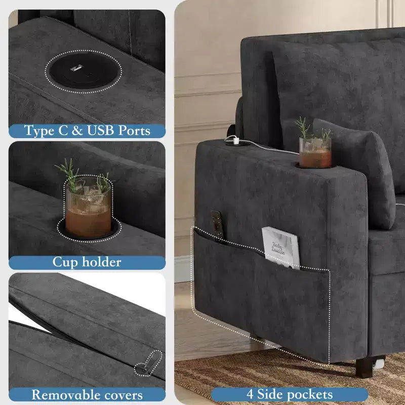 3-in-1 Pull-Out Couch, 56" Loveseat Sleeper Sofa Bed, Full Size Pull Out Sofa with Cup Holders, for Living Room, Bedroom, Apartment