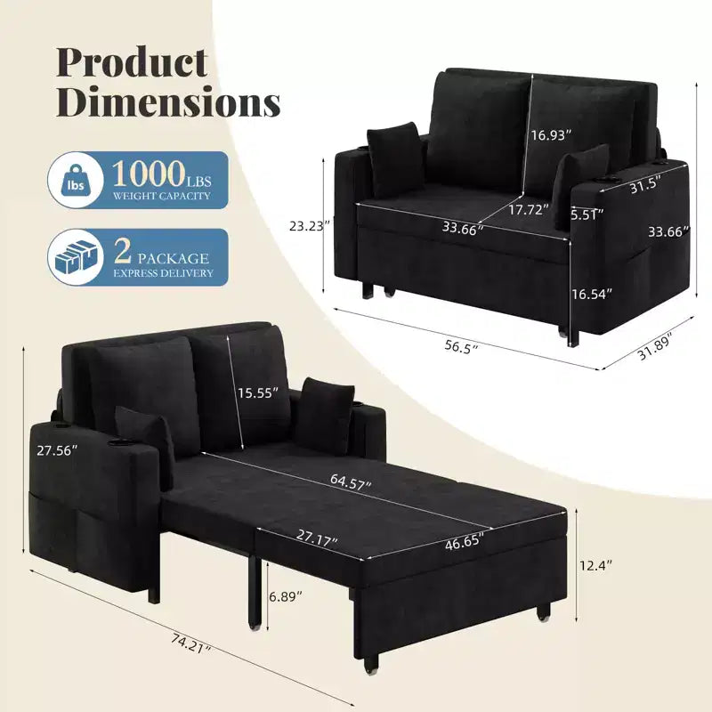 3-in-1 Pull-Out Couch, 56" Loveseat Sleeper Sofa Bed, Full Size Pull Out Sofa with Cup Holders, for Living Room, Bedroom, Apartment