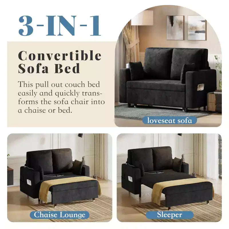 3-in-1 Pull-Out Couch, 56" Loveseat Sleeper Sofa Bed, Full Size Pull Out Sofa with Cup Holders, for Living Room, Bedroom, Apartment