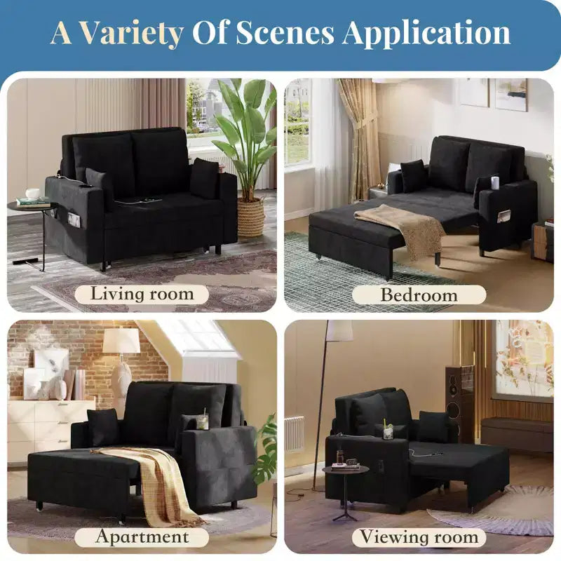3-in-1 Pull-Out Couch, 56" Loveseat Sleeper Sofa Bed, Full Size Pull Out Sofa with Cup Holders, for Living Room, Bedroom, Apartment