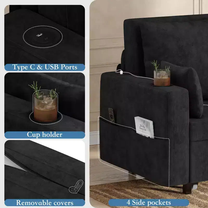 3-in-1 Pull-Out Couch, 56" Loveseat Sleeper Sofa Bed, Full Size Pull Out Sofa with Cup Holders, for Living Room, Bedroom, Apartment