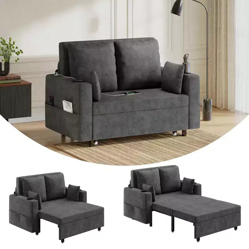 3-in-1 Pull-Out Couch, 56" Loveseat Sleeper Sofa Bed, Full Size Pull Out Sofa with Cup Holders, for Living Room, Bedroom, Apartment
