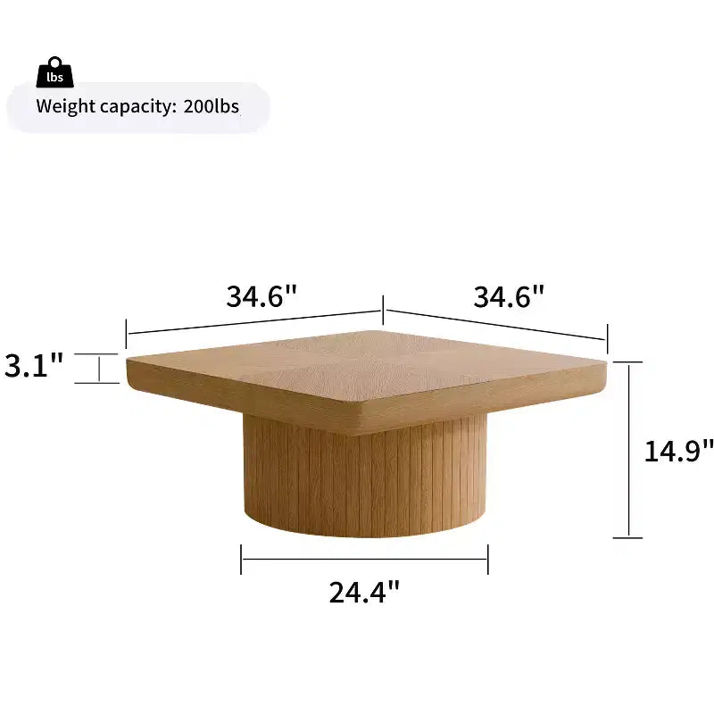 Vintage Square Fluted Coffee Table with Parquet Pattern, Solid Wood Veneer Center Table for Living Room, Bedroom