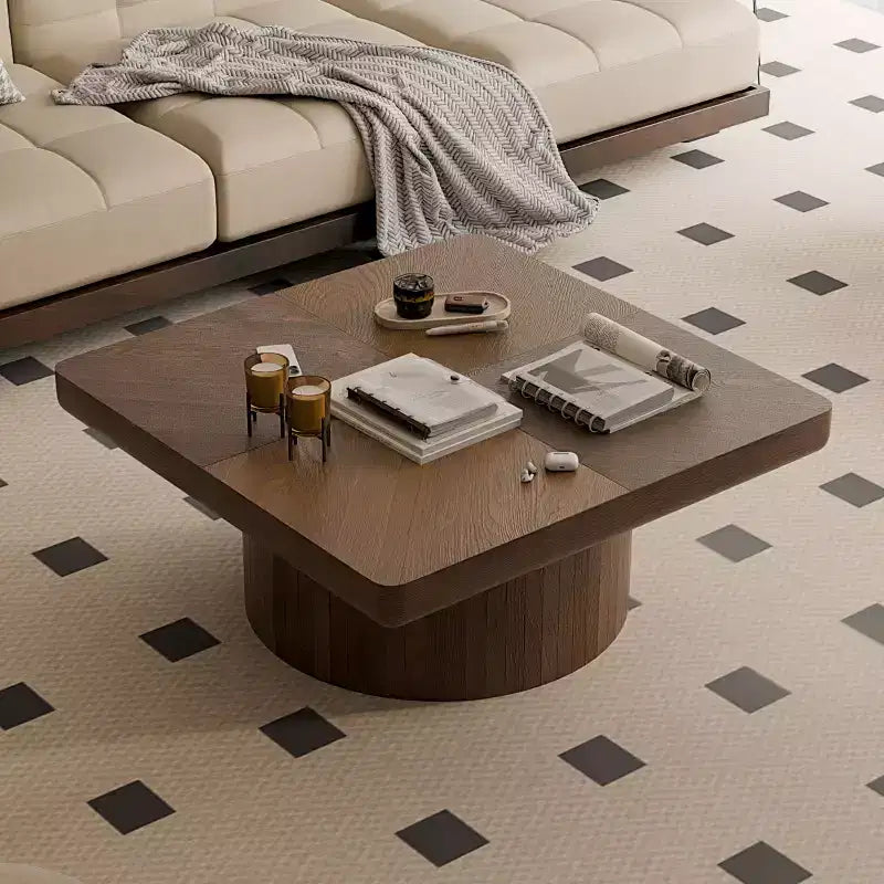 Vintage Square Fluted Coffee Table with Parquet Pattern, Solid Wood Veneer Center Table for Living Room, Bedroom