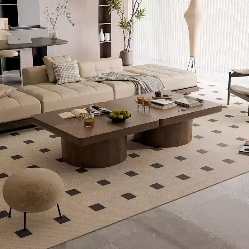Vintage Square Fluted Coffee Table with Parquet Pattern, Solid Wood Veneer Center Table for Living Room, Bedroom