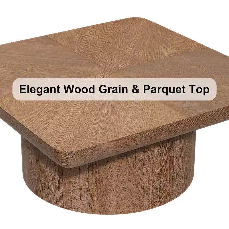 Vintage Square Fluted Coffee Table with Parquet Pattern, Solid Wood Veneer Center Table for Living Room, Bedroom