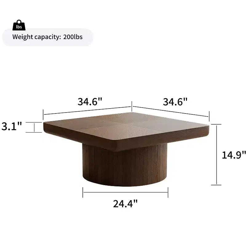 Vintage Square Fluted Coffee Table with Parquet Pattern, Solid Wood Veneer Center Table for Living Room, Bedroom