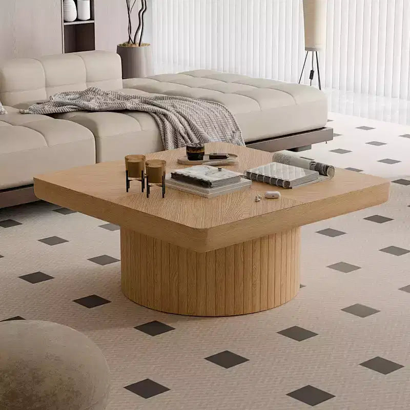 Vintage Square Fluted Coffee Table with Parquet Pattern, Solid Wood Veneer Center Table for Living Room, Bedroom