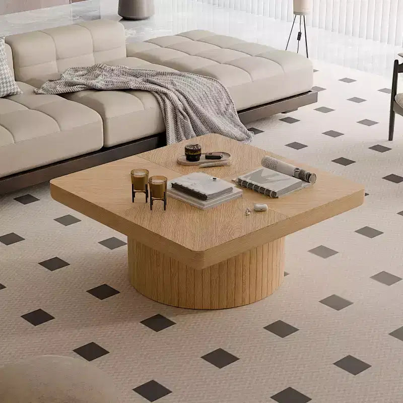 Vintage Square Fluted Coffee Table with Parquet Pattern, Solid Wood Veneer Center Table for Living Room, Bedroom