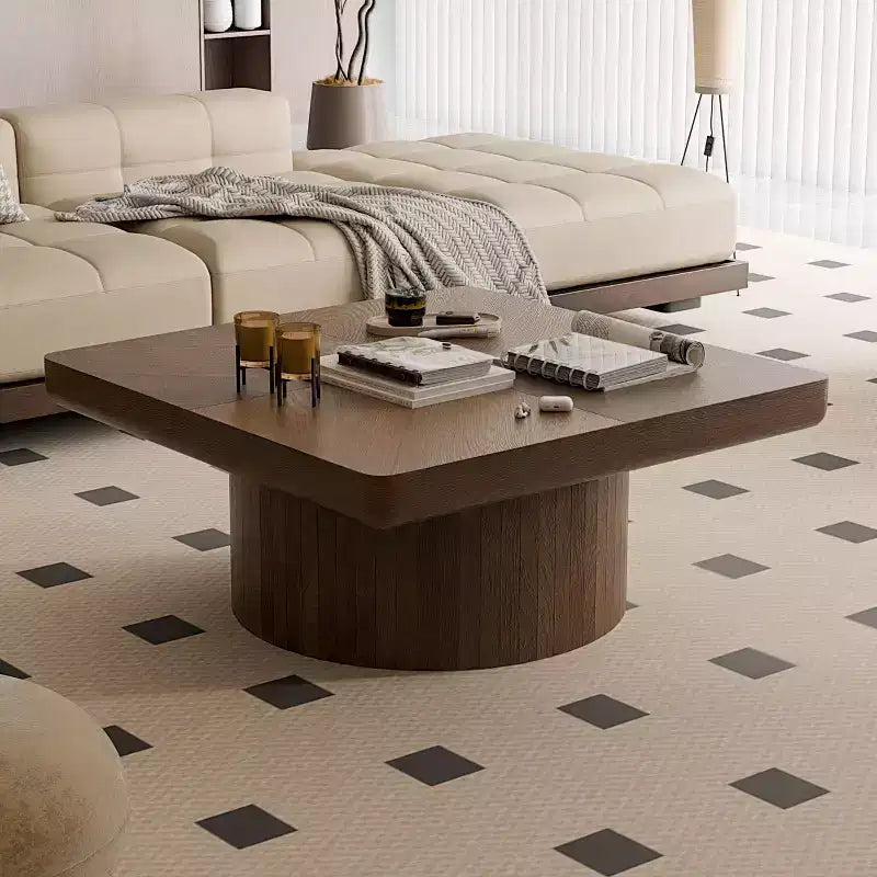 Vintage Square Fluted Coffee Table with Parquet Pattern, Solid Wood Veneer Center Table for Living Room, Bedroom