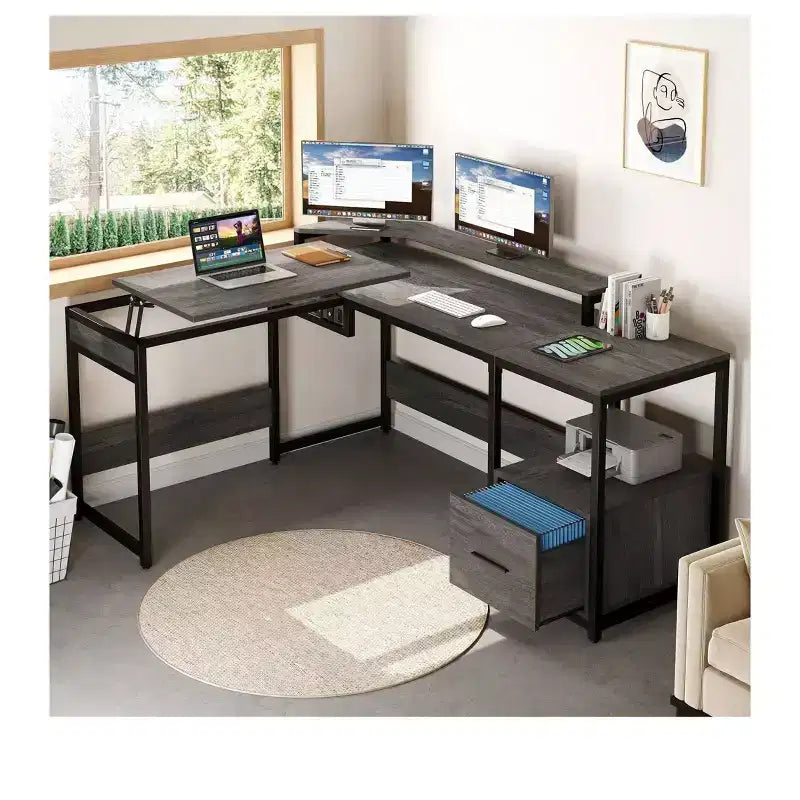 65" L-Shaped Desk with Lift Top Corner Computer Desk, Office Desk with File Drawer for Home Office