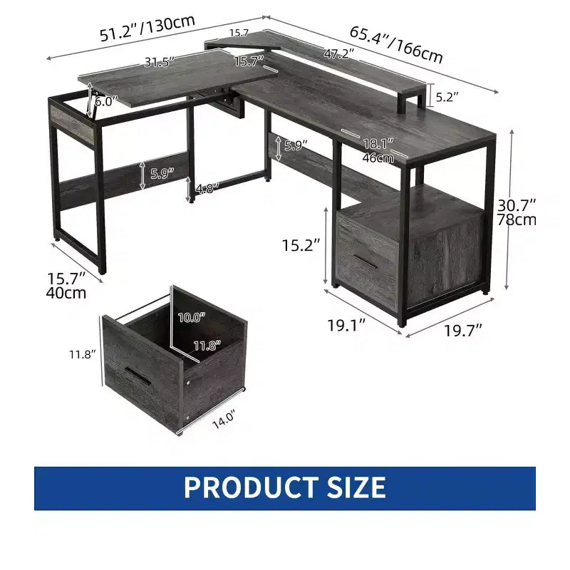 65" L-Shaped Desk with Lift Top Corner Computer Desk, Office Desk with File Drawer for Home Office