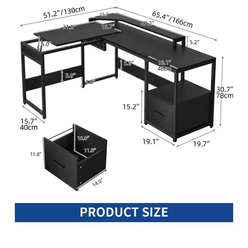 65" L-Shaped Desk with Lift Top Corner Computer Desk, Office Desk with File Drawer for Home Office