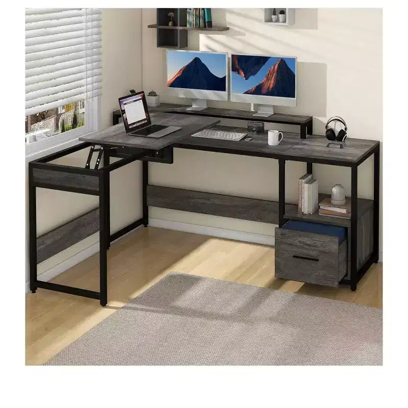 65" L-Shaped Desk with Lift Top Corner Computer Desk, Office Desk with File Drawer for Home Office