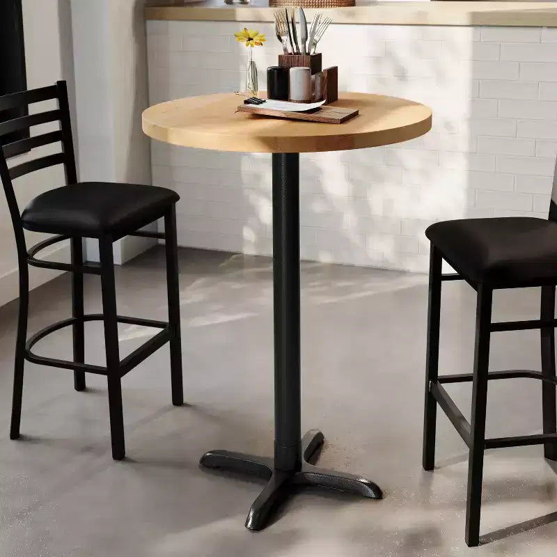 Round Solid Wood Commercial Indoor Tabletop with 22" x 22" Bar Height Rust-Resistant Cast Iron X-Base
