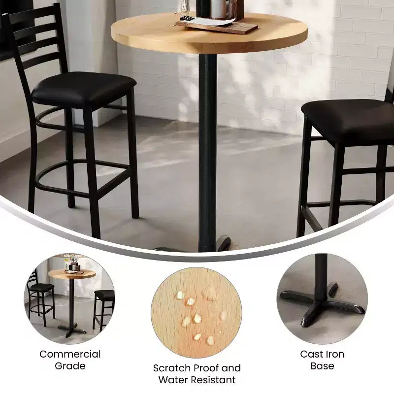 Round Solid Wood Commercial Indoor Tabletop with 22" x 22" Bar Height Rust-Resistant Cast Iron X-Base
